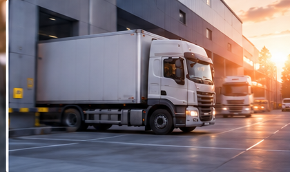 Vrachtwagens en dockdeuren bij een distributiecentrum