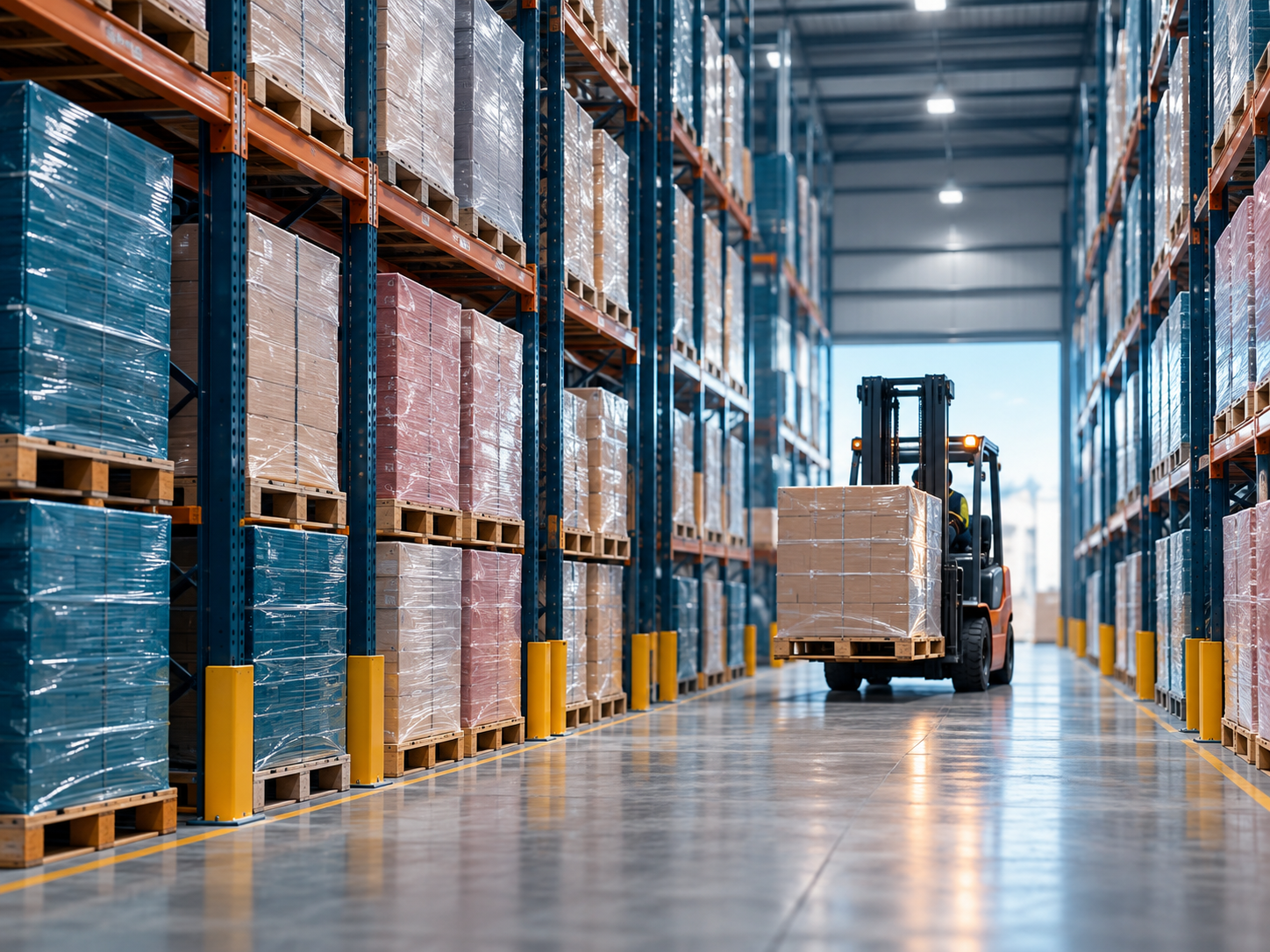 Modern fulfilmentmagazijn met palletstellingen en heftruck